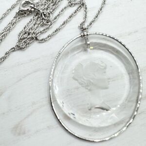 Vtg Crystal Glass Intaglio Cameo Lady Pendant Hallmark Cards Inc Rope Necklace